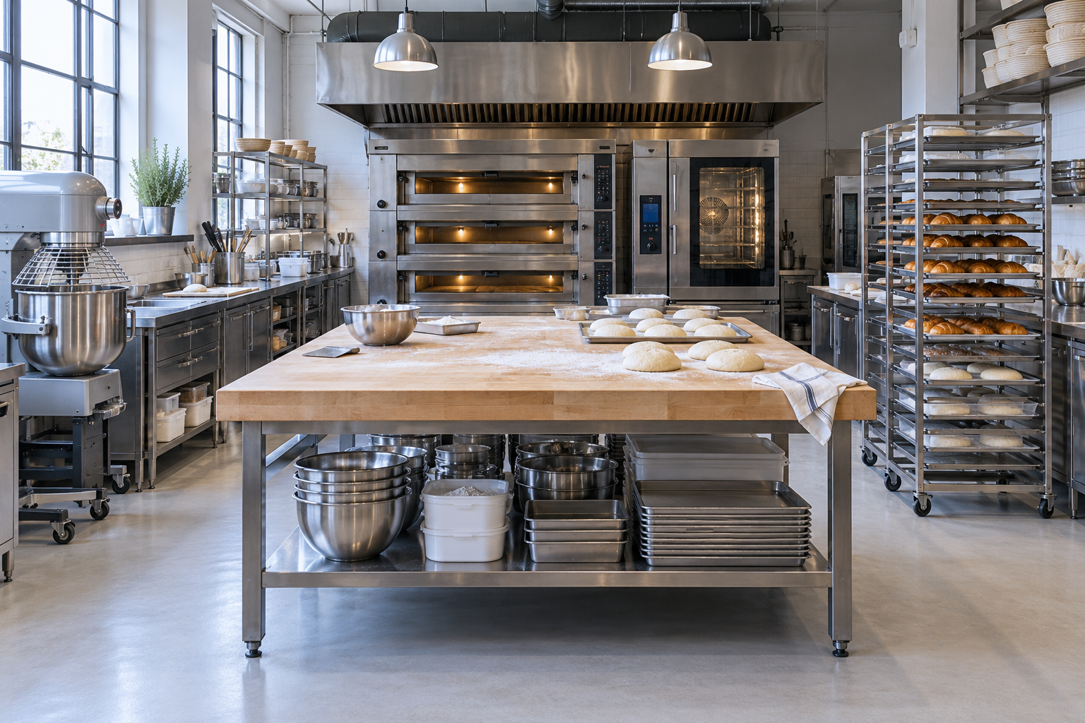 Bakery production workspace with ovens, preparation tables and tray racks